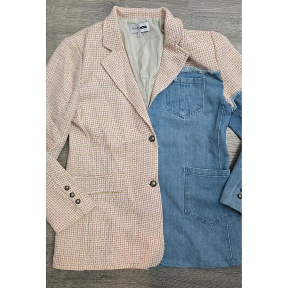 Fashion Nova Denim Tweed Blazer Jacket Women XL Pink Gold Blue - Picture 3 of 10